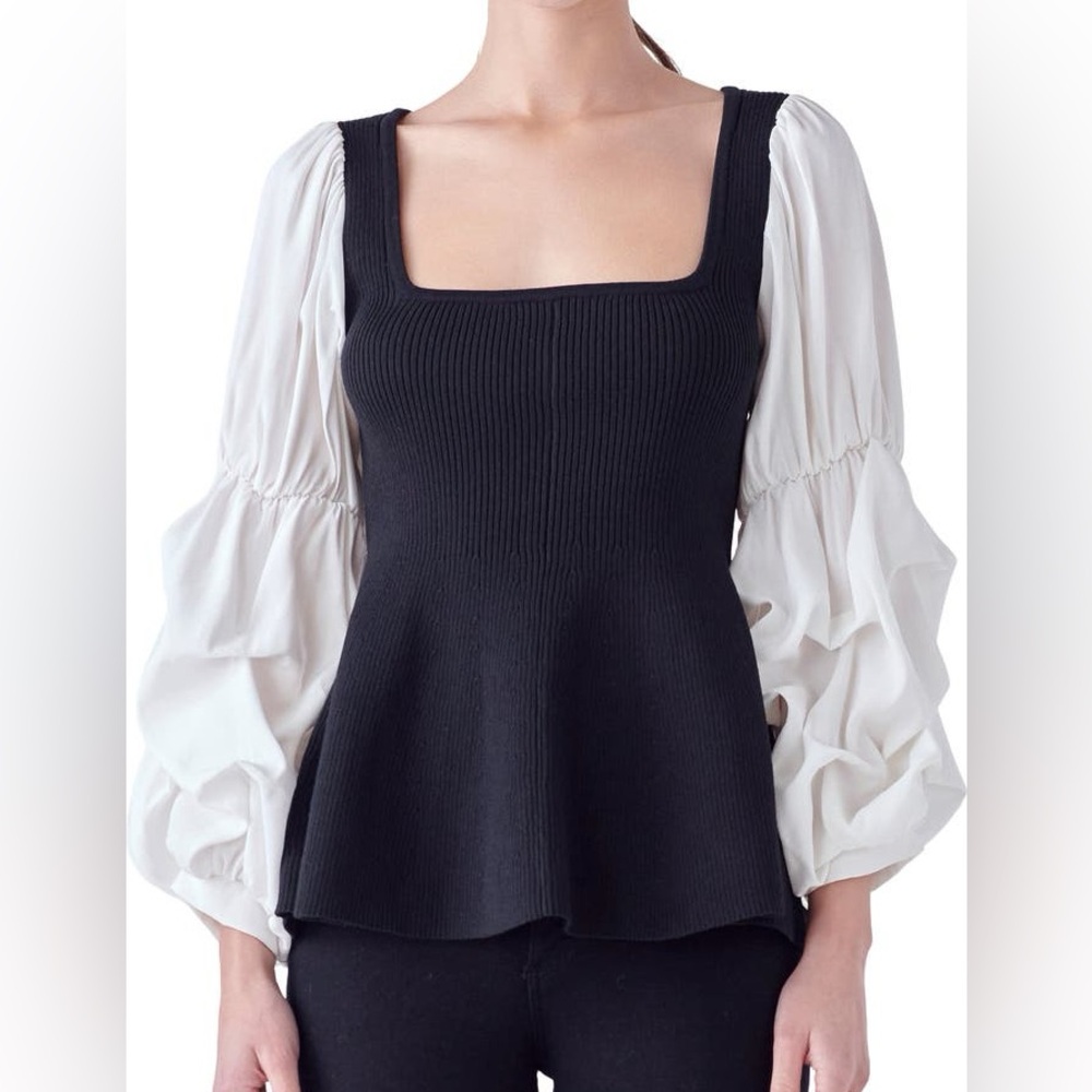 Mixed Media Rib Top English factory cream and white